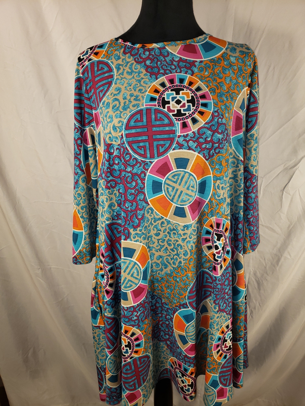 HERSHE Bright Multicolor Patterned A-Line Dress - Teal & Pink - M